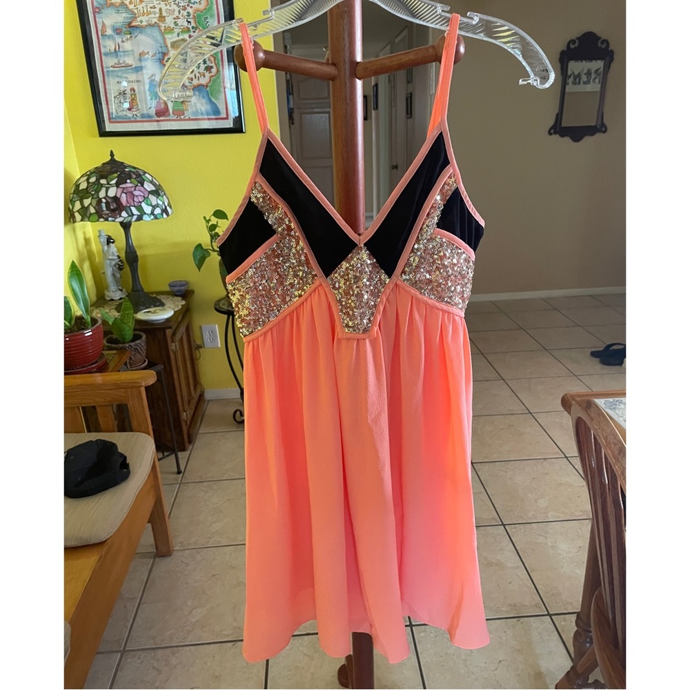 Coral pink mini dress with sequins